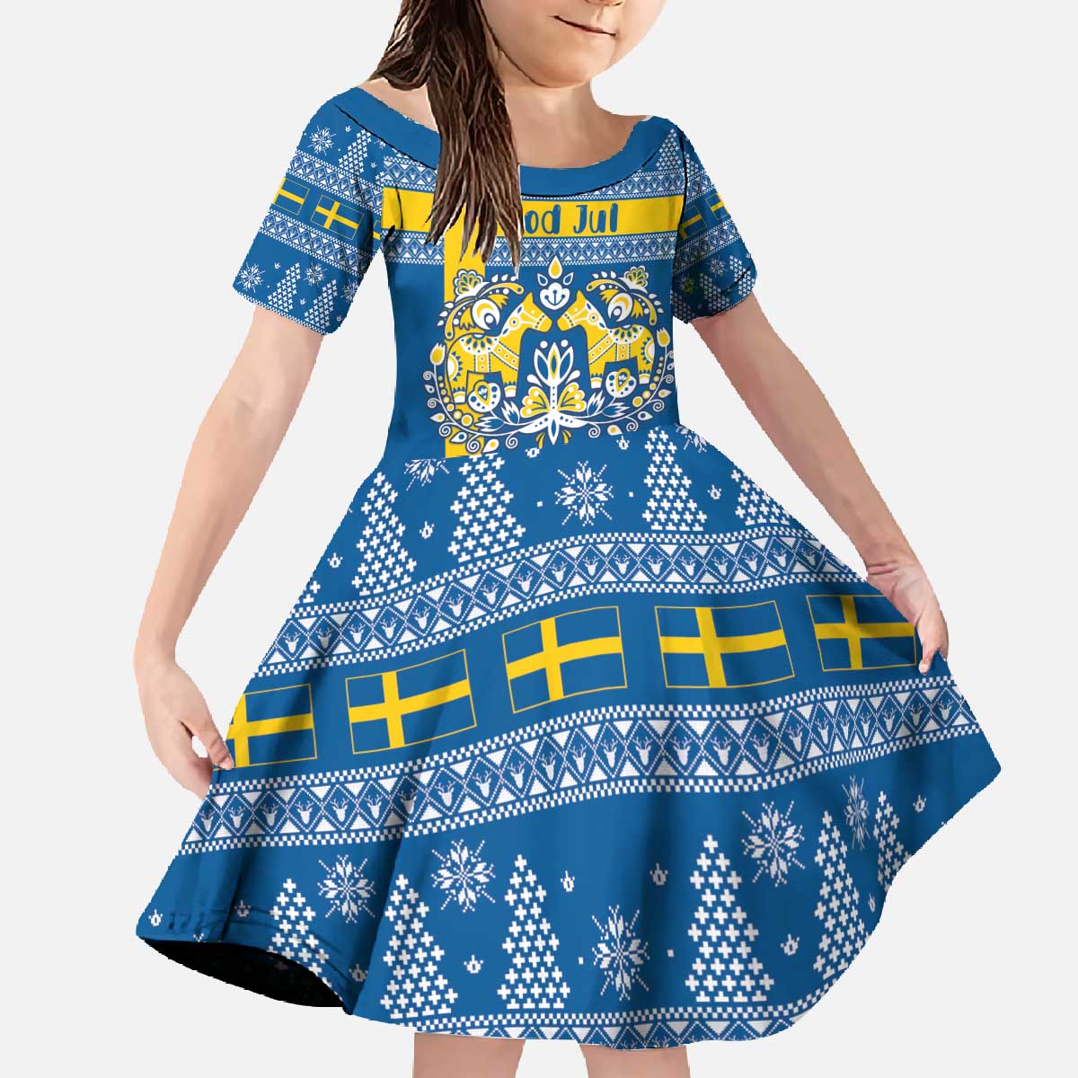 Sweden Christmas Personalized Family Matching Off The Shoulder Long Sleeve Dress and Hawaiian Shirt Dala Horse God Jul - Wonder Print Shop