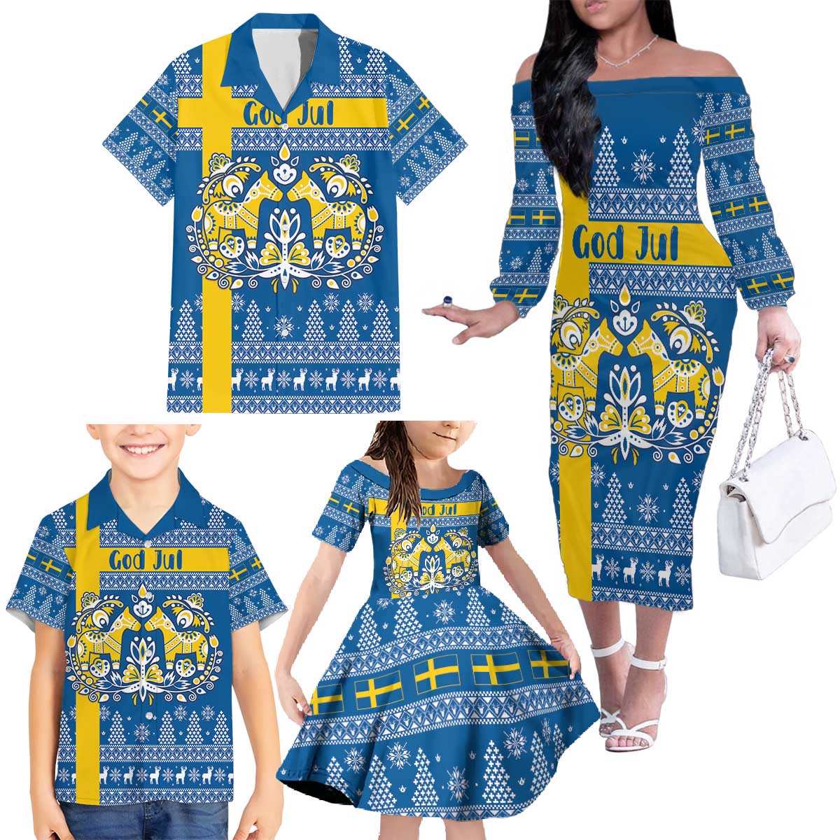 Sweden Christmas Personalized Family Matching Off The Shoulder Long Sleeve Dress and Hawaiian Shirt Dala Horse God Jul - Wonder Print Shop