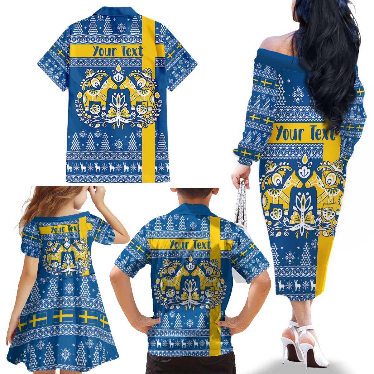 Sweden Christmas Personalized Family Matching Off The Shoulder Long Sleeve Dress and Hawaiian Shirt Dala Horse God Jul - Wonder Print Shop