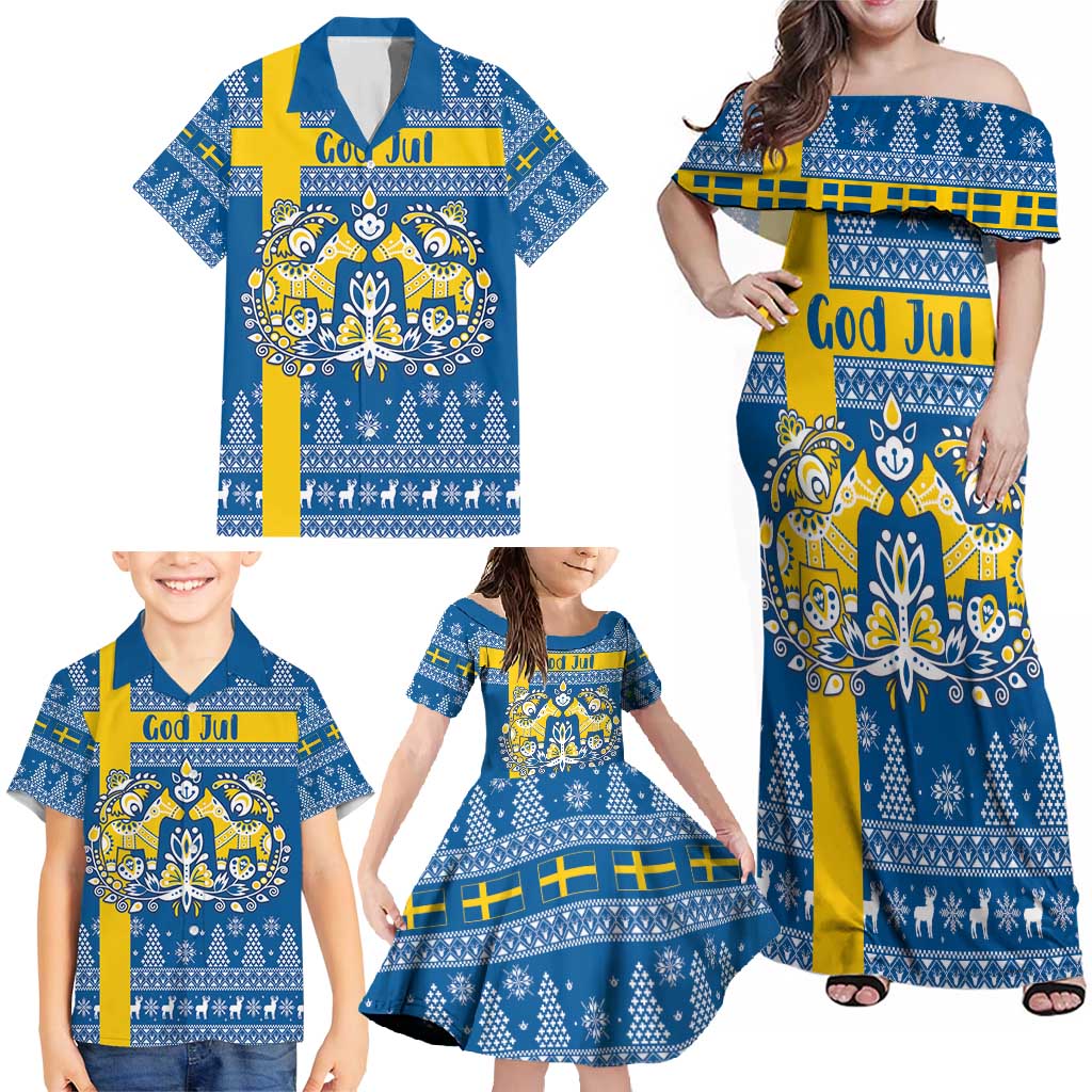 Sweden Christmas Personalized Family Matching Off Shoulder Maxi Dress and Hawaiian Shirt Dala Horse God Jul - Wonder Print Shop