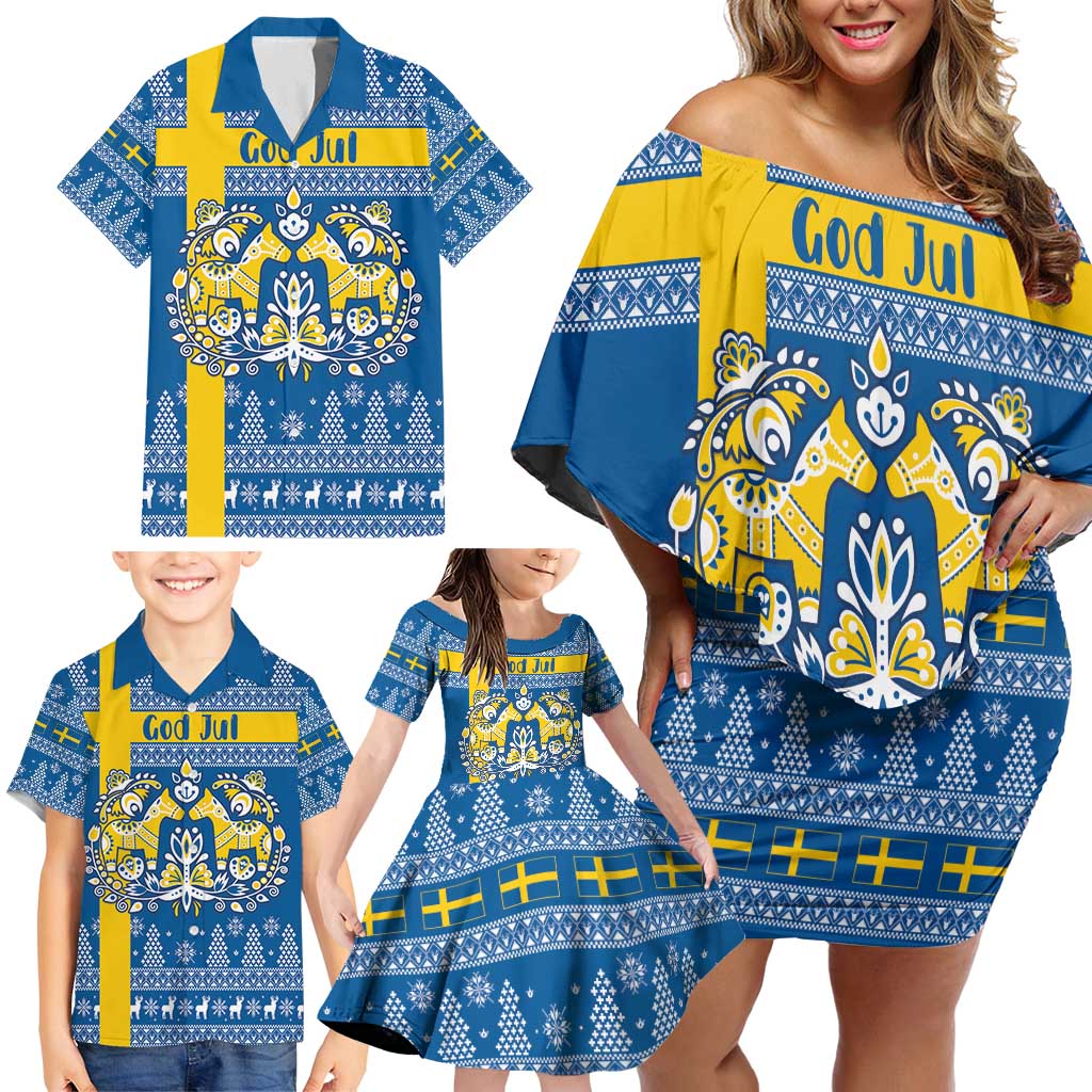 Sweden Christmas Personalized Family Matching Off Shoulder Short Dress and Hawaiian Shirt Dala Horse God Jul - Wonder Print Shop