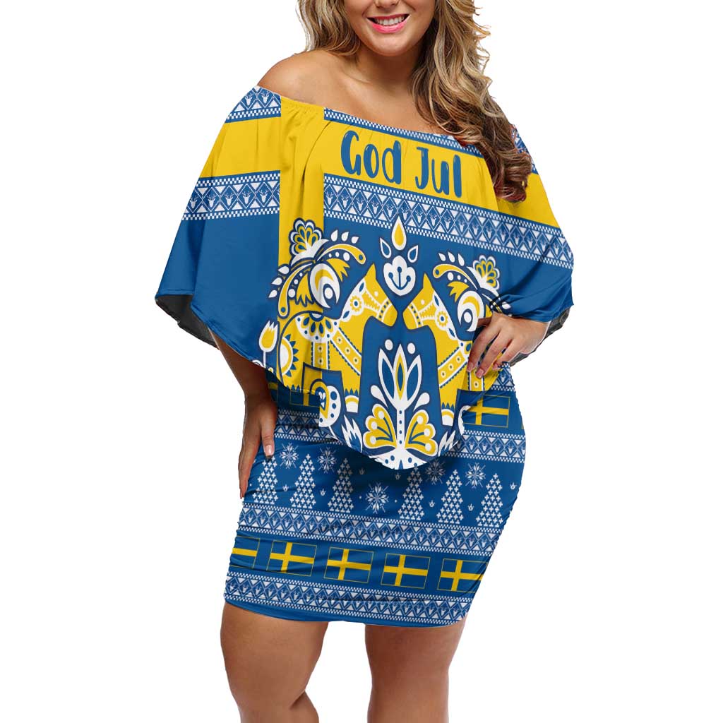 Sweden Christmas Personalized Family Matching Off Shoulder Short Dress and Hawaiian Shirt Dala Horse God Jul - Wonder Print Shop