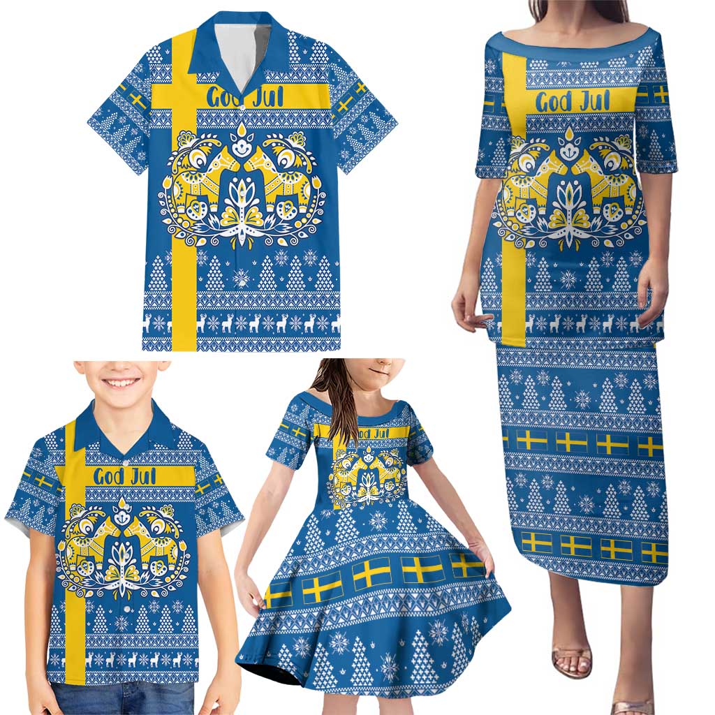 Sweden Christmas Personalized Family Matching Puletasi and Hawaiian Shirt Dala Horse God Jul - Wonder Print Shop