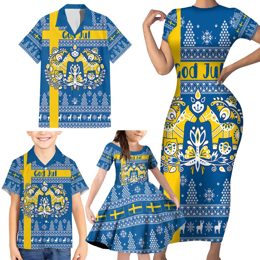 Sweden Christmas Personalized Family Matching Short Sleeve Bodycon Dress and Hawaiian Shirt Dala Horse God Jul - Wonder Print Shop