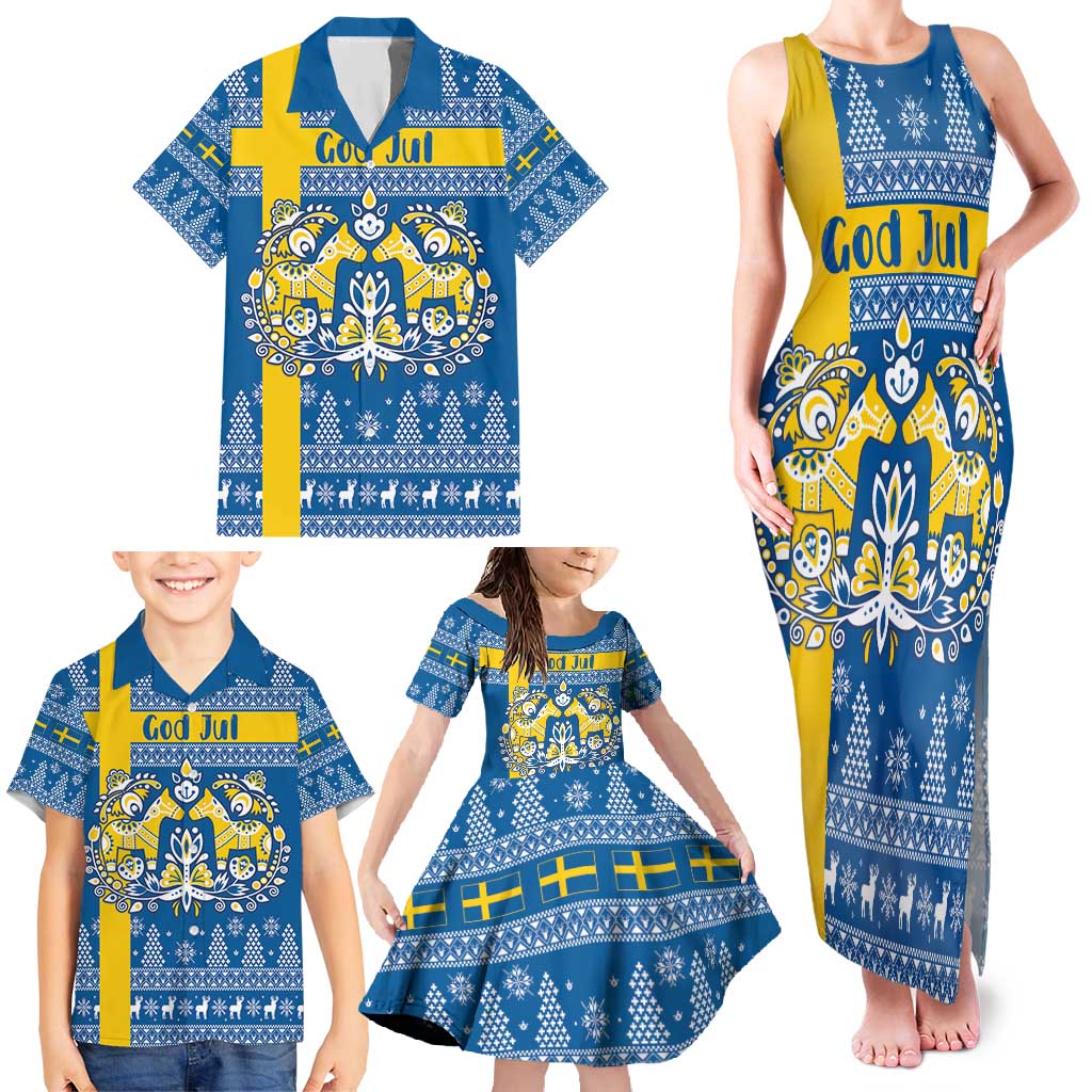 Sweden Christmas Personalized Family Matching Tank Maxi Dress and Hawaiian Shirt Dala Horse God Jul - Wonder Print Shop