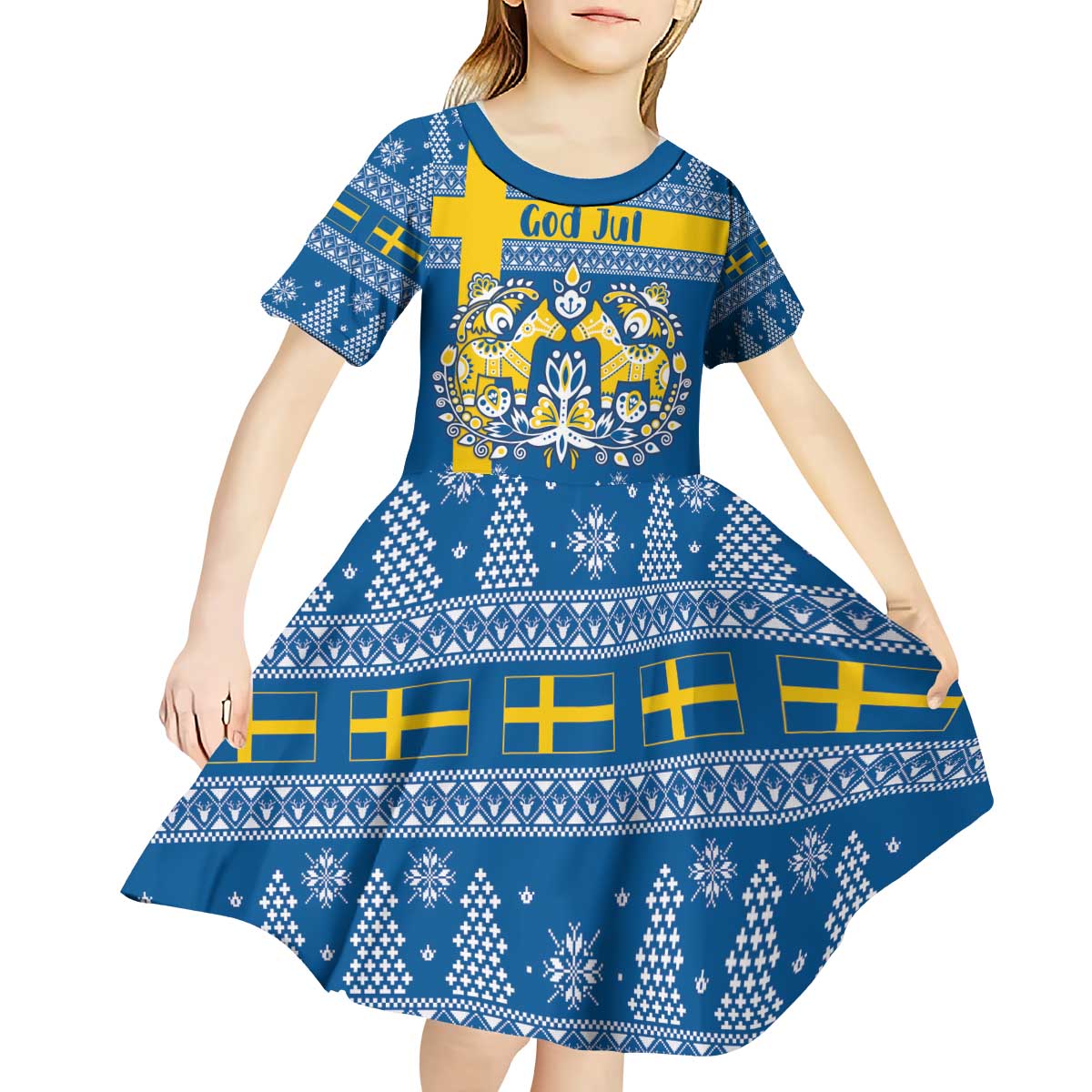 Sweden Christmas Personalized Kid Short Sleeve Dress Dala Horse God Jul - Wonder Print Shop