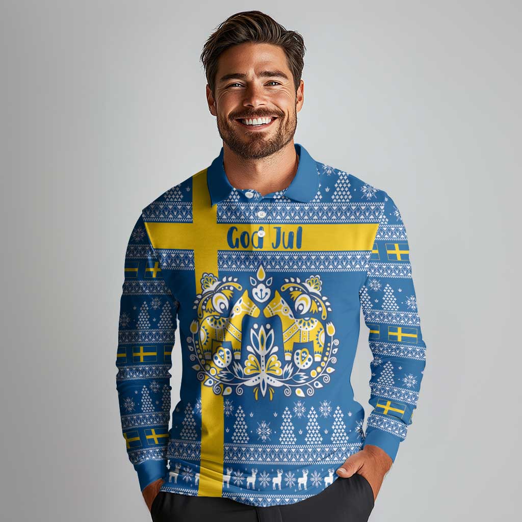 Sweden Christmas Personalized Long Sleeve Polo Shirt Dala Horse God Jul - Wonder Print Shop