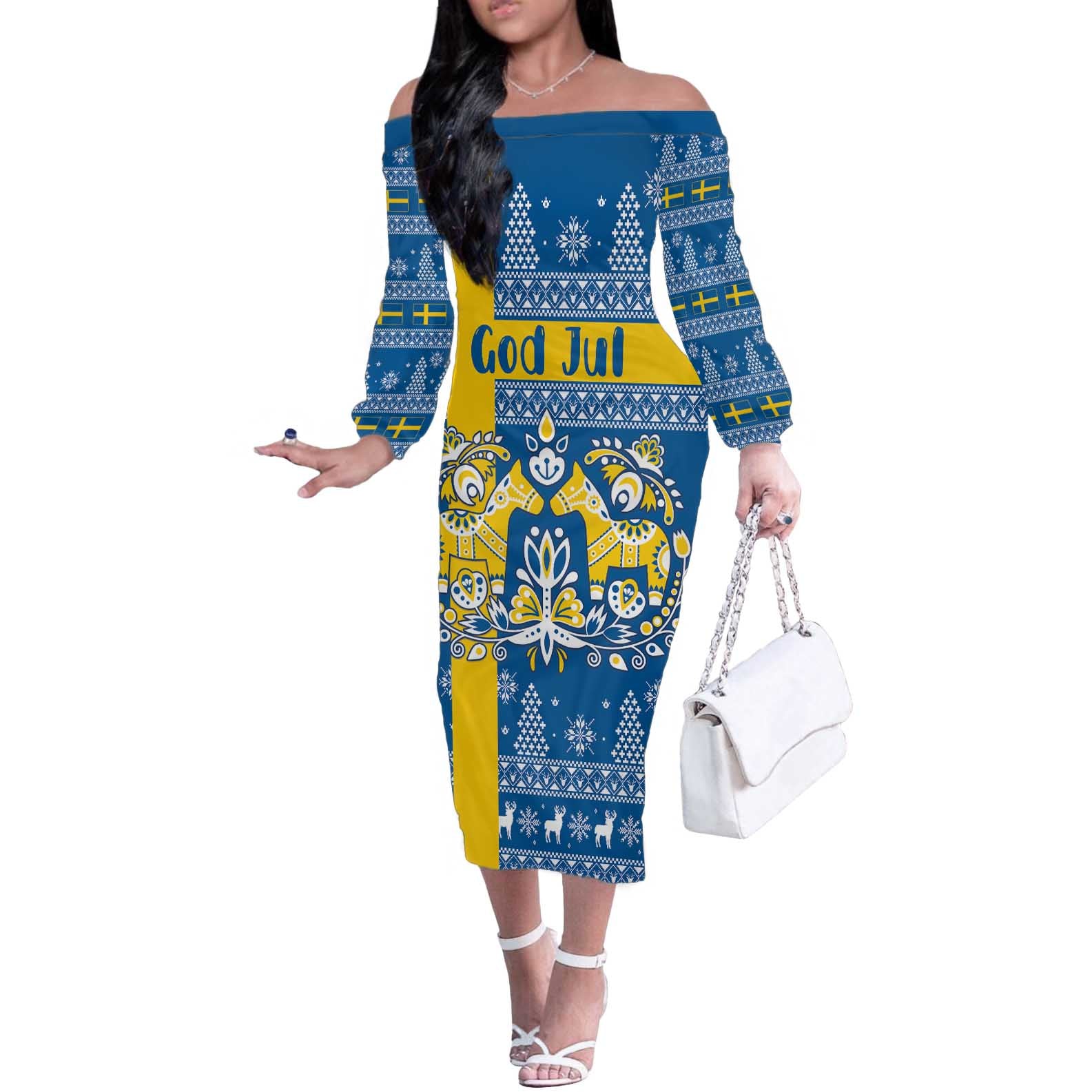 Sweden Christmas Personalized Off The Shoulder Long Sleeve Dress Dala Horse God Jul - Wonder Print Shop