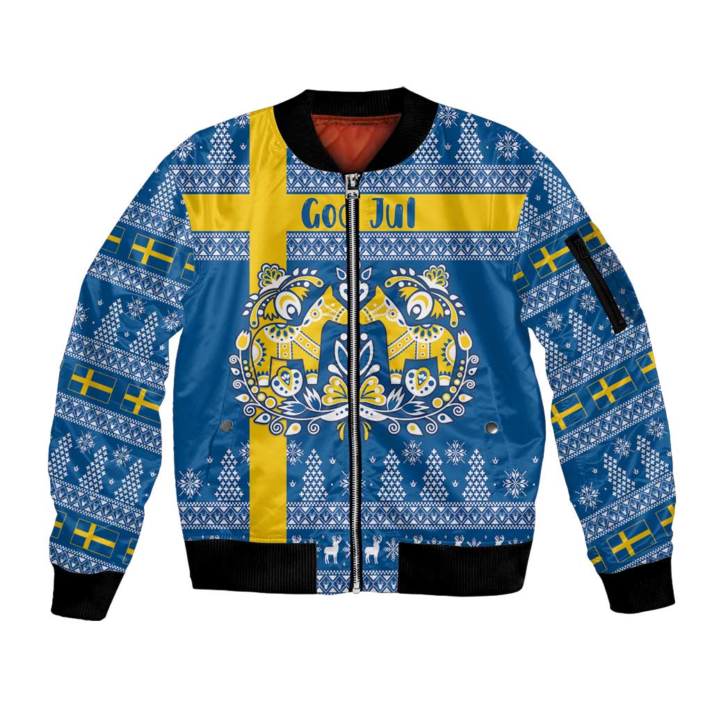 Sweden Christmas Personalized Sleeve Zip Bomber Jacket Dala Horse God Jul - Wonder Print Shop