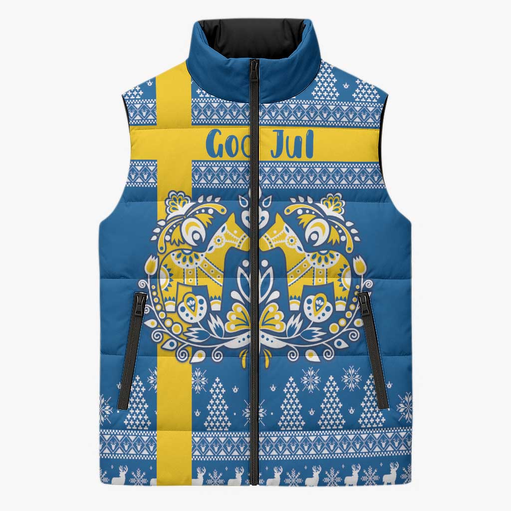 Sweden Christmas Personalized Sleeveless Puffer Jacket Dala Horse God Jul - Wonder Print Shop