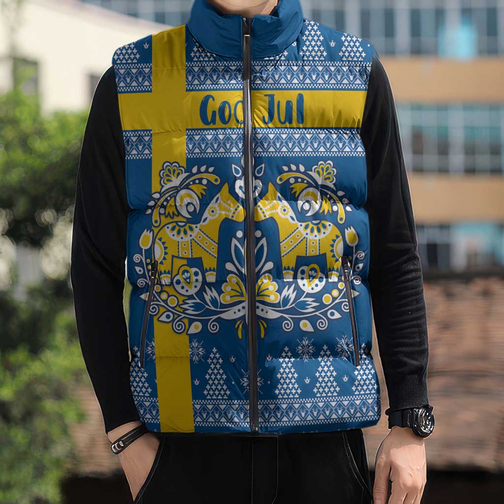 Sweden Christmas Personalized Sleeveless Puffer Jacket Dala Horse God Jul - Wonder Print Shop