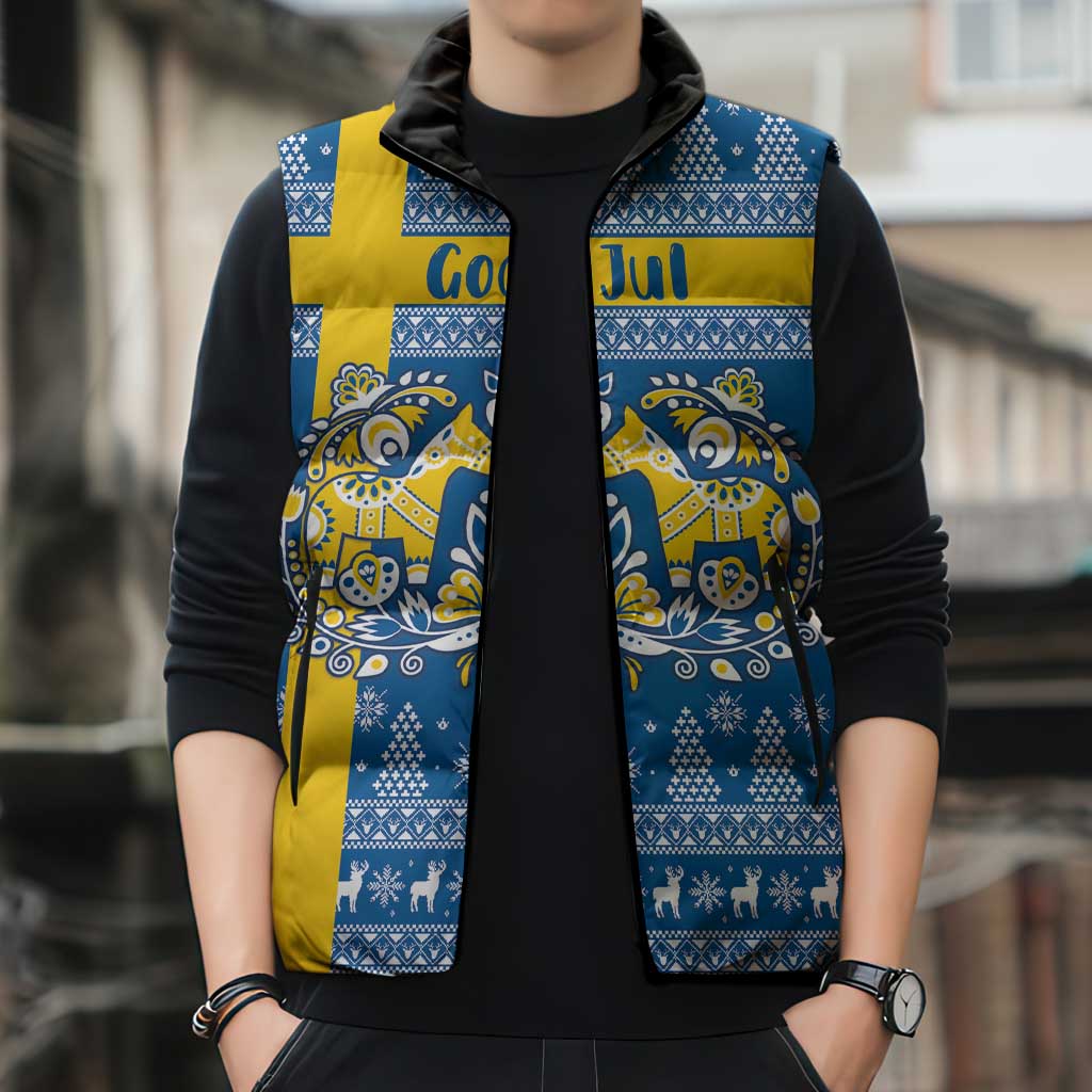 Sweden Christmas Personalized Sleeveless Puffer Jacket Dala Horse God Jul - Wonder Print Shop