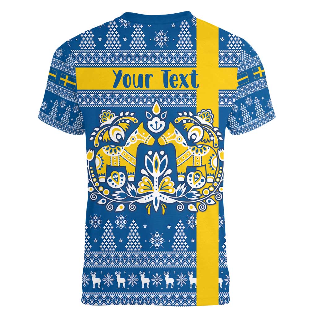 Sweden Christmas Personalized Women V-Neck T-Shirt Dala Horse God Jul - Wonder Print Shop