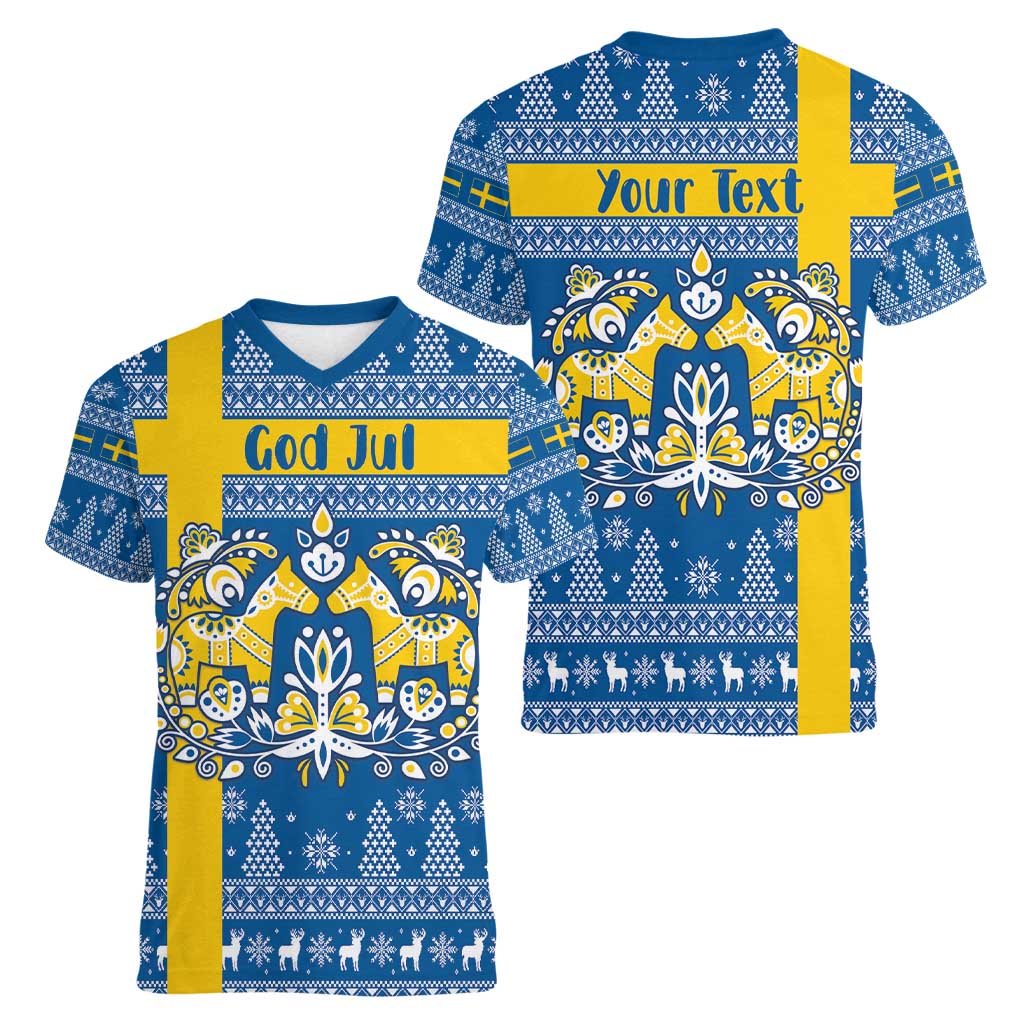Sweden Christmas Personalized Women V-Neck T-Shirt Dala Horse God Jul - Wonder Print Shop