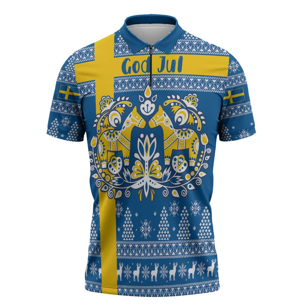 Sweden Christmas Personalized Zipper Polo Shirt Dala Horse God Jul - Wonder Print Shop