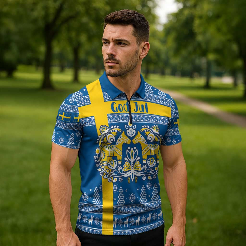 Sweden Christmas Personalized Zipper Polo Shirt Dala Horse God Jul - Wonder Print Shop
