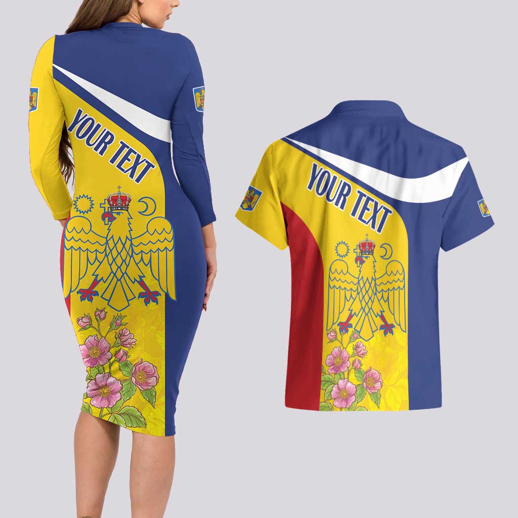 Personalized Romania Great White Pelican Couples Matching Long Sleeve Bodycon Dress and Hawaiian Shirt With Rosa Canina - Wonder Print Shop