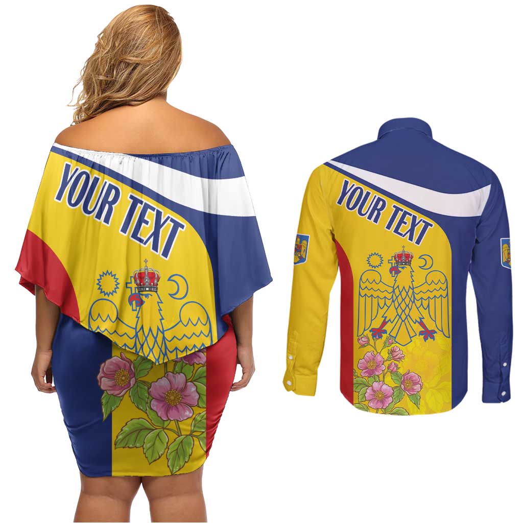 Personalized Romania Great White Pelican Couples Matching Off Shoulder Short Dress and Long Sleeve Button Shirt With Rosa Canina - Wonder Print Shop