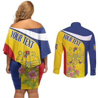 Personalized Romania Great White Pelican Couples Matching Off Shoulder Short Dress and Long Sleeve Button Shirt With Rosa Canina - Wonder Print Shop