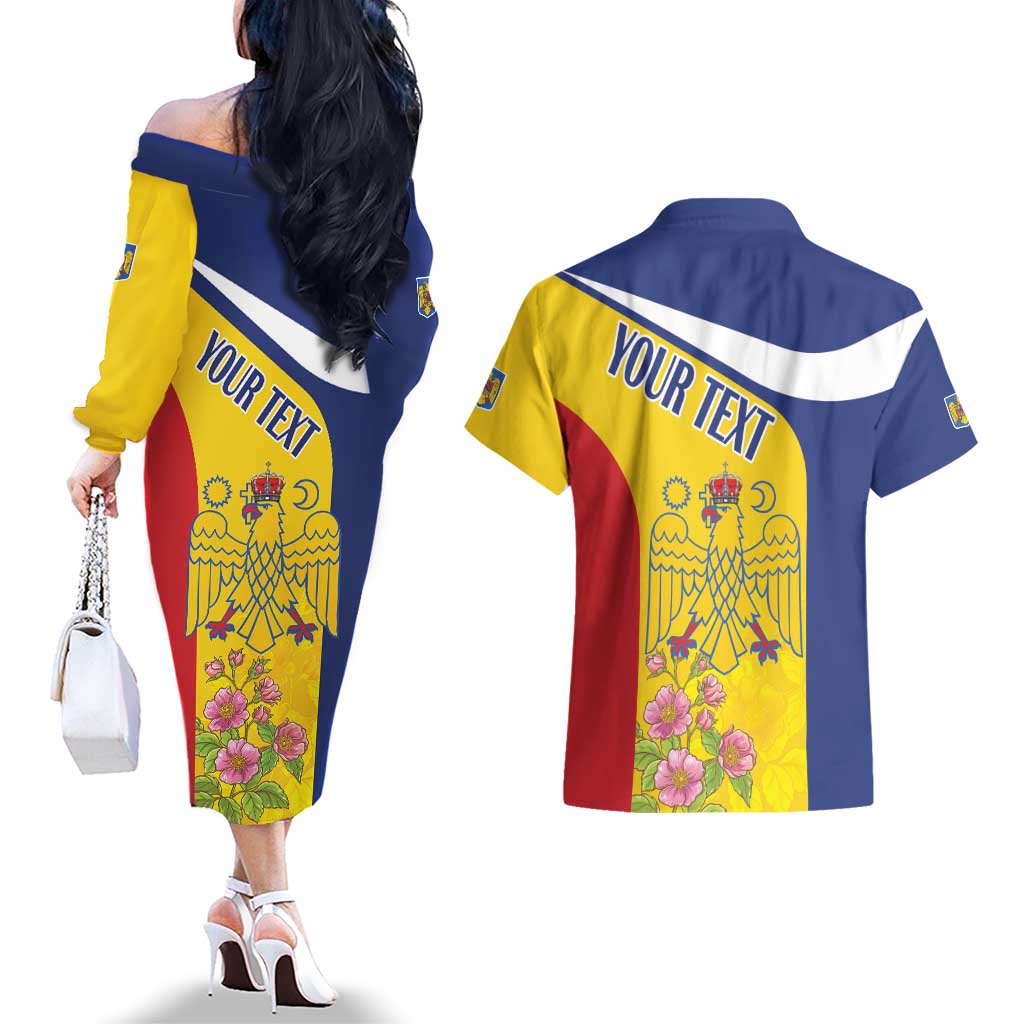 Personalized Romania Great White Pelican Couples Matching Off The Shoulder Long Sleeve Dress and Hawaiian Shirt With Rosa Canina - Wonder Print Shop