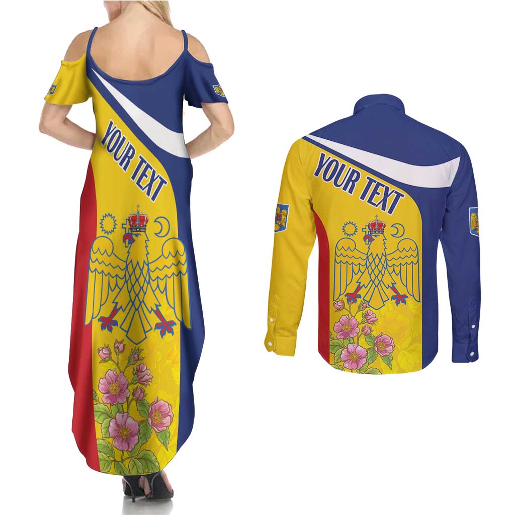 Personalized Romania Great White Pelican Couples Matching Summer Maxi Dress and Long Sleeve Button Shirt With Rosa Canina - Wonder Print Shop