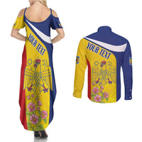 Personalized Romania Great White Pelican Couples Matching Summer Maxi Dress and Long Sleeve Button Shirt With Rosa Canina - Wonder Print Shop