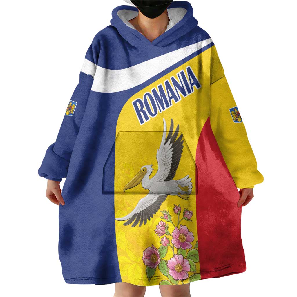Personalized Romania Great White Pelican Wearable Blanket Hoodie With Rosa Canina - Wonder Print Shop