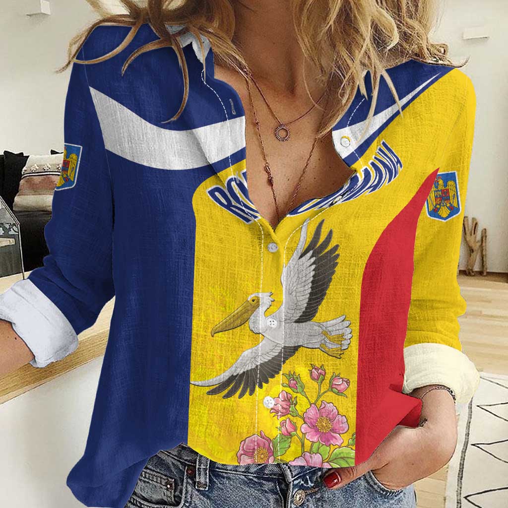 Personalized Romania Great White Pelican Women Casual Shirt With Rosa Canina - Wonder Print Shop