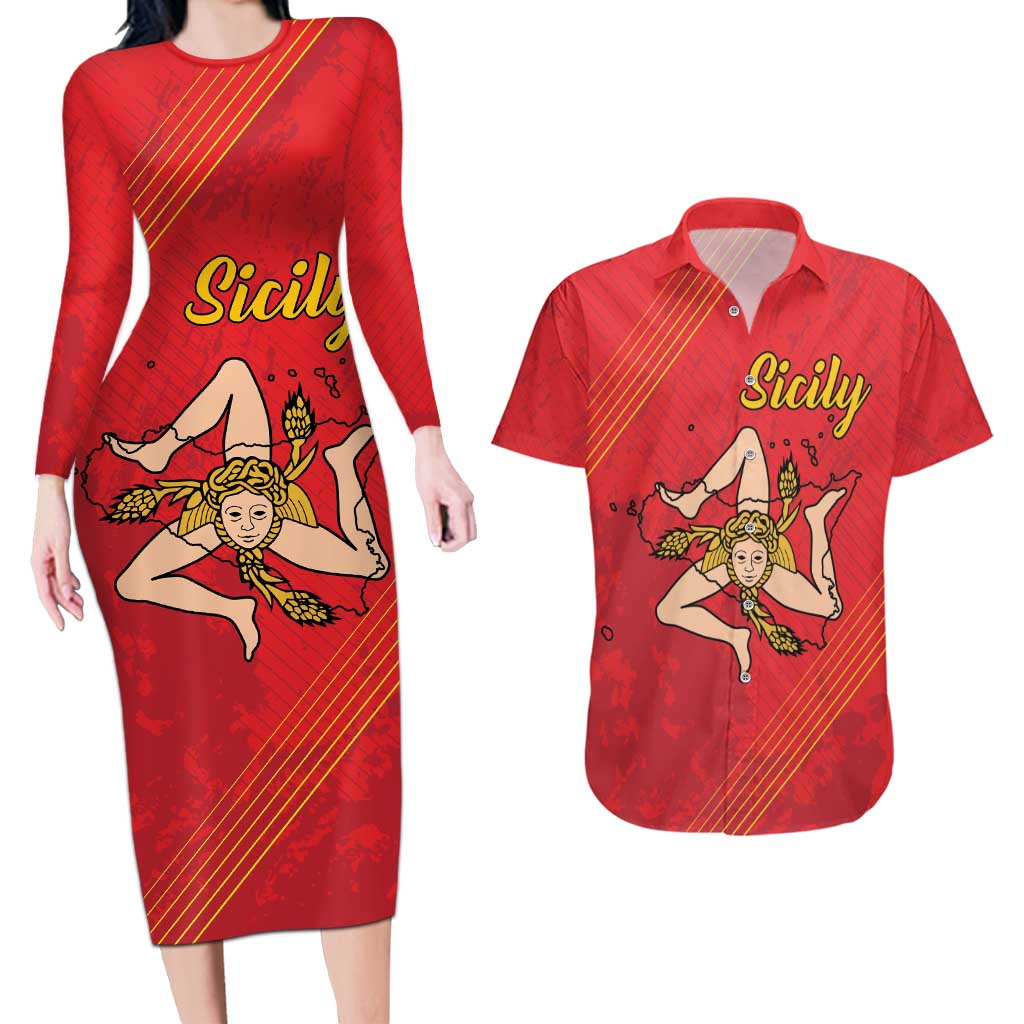 Personalized Bandiera della Sicilia Couples Matching Long Sleeve Bodycon Dress and Hawaiian Shirt Sporty Style