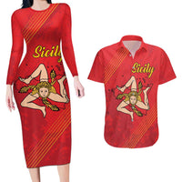 Personalized Bandiera della Sicilia Couples Matching Long Sleeve Bodycon Dress and Hawaiian Shirt Sporty Style