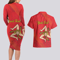 Personalized Bandiera della Sicilia Couples Matching Long Sleeve Bodycon Dress and Hawaiian Shirt Sporty Style