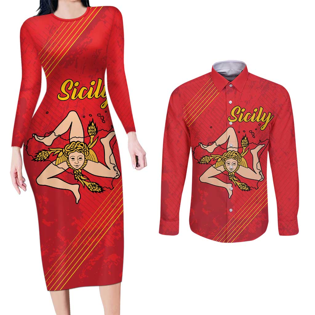 Personalized Bandiera della Sicilia Couples Matching Long Sleeve Bodycon Dress and Long Sleeve Button Shirt Sporty Style