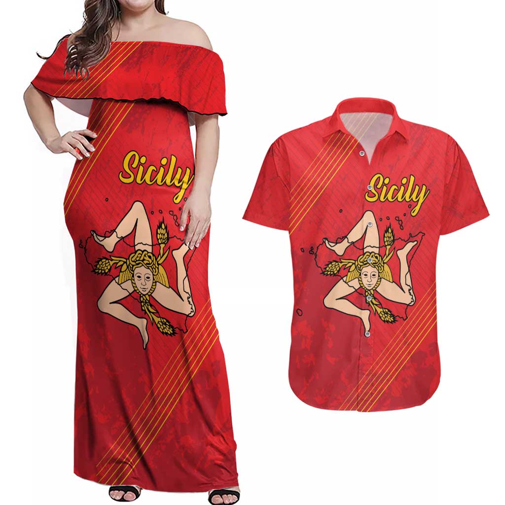 Personalized Bandiera della Sicilia Couples Matching Off Shoulder Maxi Dress and Hawaiian Shirt Sporty Style