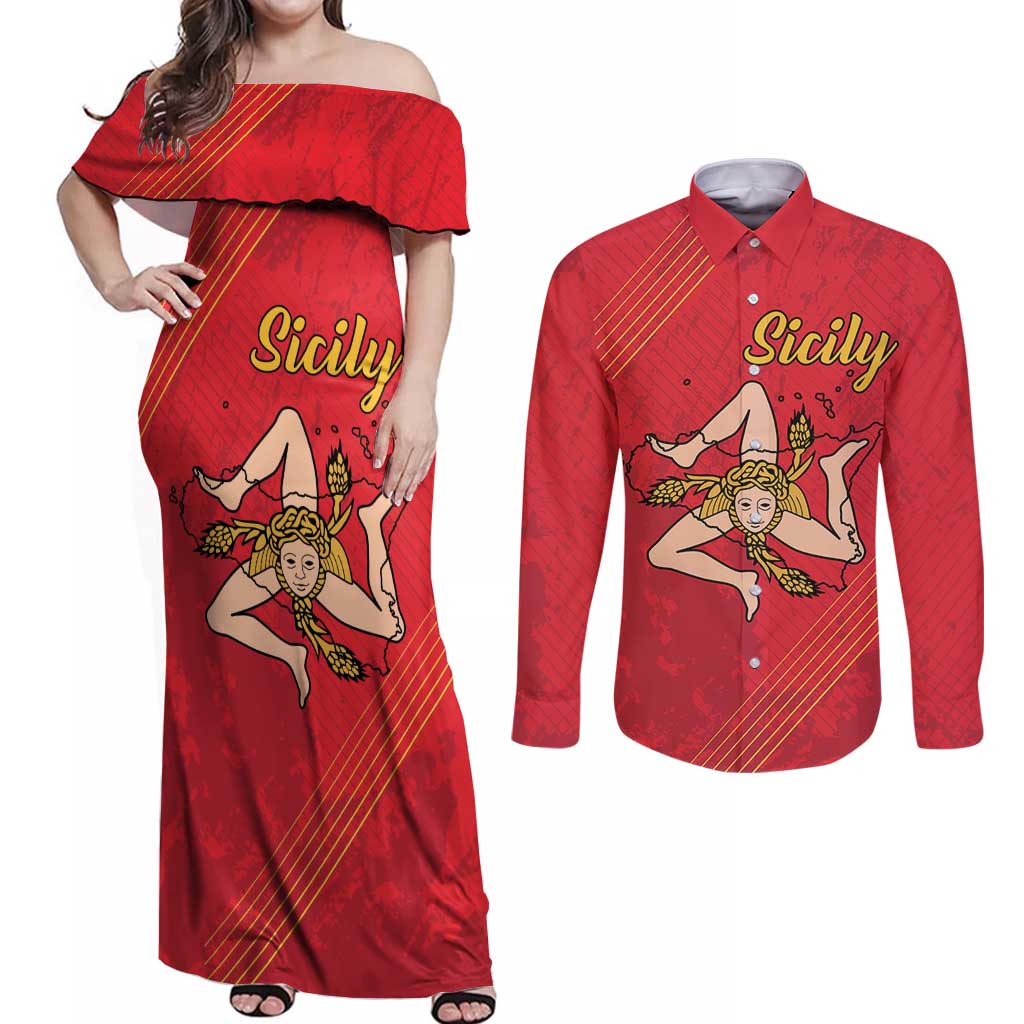 Personalized Bandiera della Sicilia Couples Matching Off Shoulder Maxi Dress and Long Sleeve Button Shirt Sporty Style