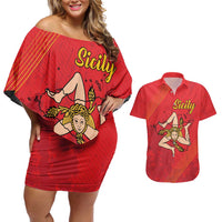 Personalized Bandiera della Sicilia Couples Matching Off Shoulder Short Dress and Hawaiian Shirt Sporty Style