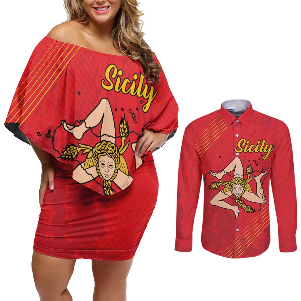 Personalized Bandiera della Sicilia Couples Matching Off Shoulder Short Dress and Long Sleeve Button Shirt Sporty Style