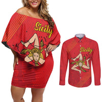 Personalized Bandiera della Sicilia Couples Matching Off Shoulder Short Dress and Long Sleeve Button Shirt Sporty Style