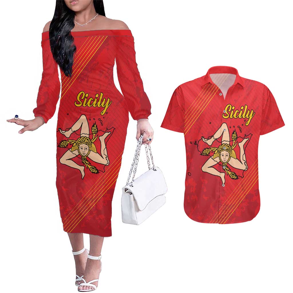 Personalized Bandiera della Sicilia Couples Matching Off The Shoulder Long Sleeve Dress and Hawaiian Shirt Sporty Style