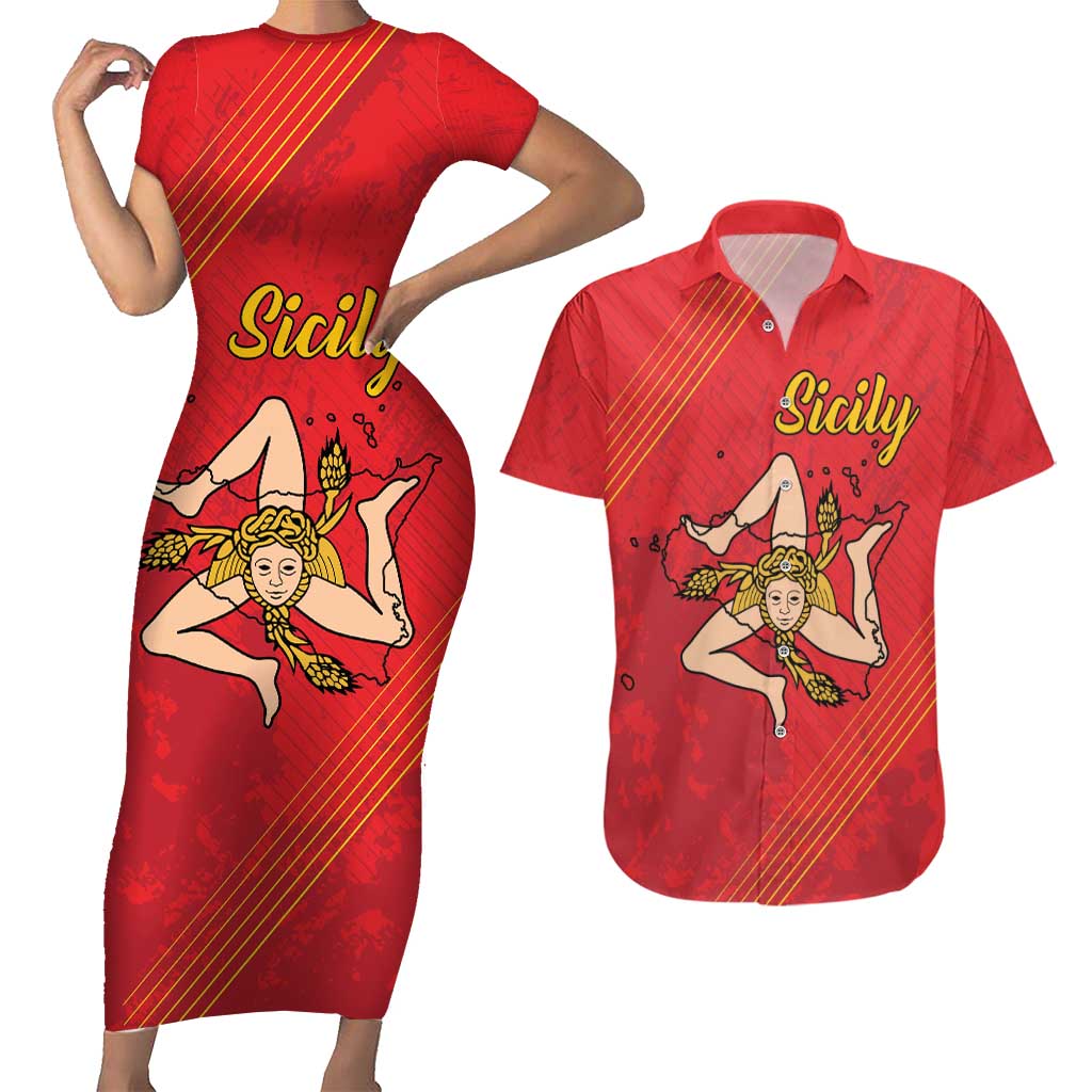 Personalized Bandiera della Sicilia Couples Matching Short Sleeve Bodycon Dress and Hawaiian Shirt Sporty Style