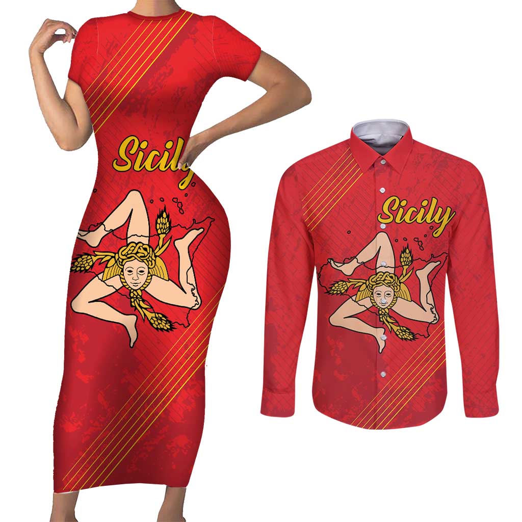 Personalized Bandiera della Sicilia Couples Matching Short Sleeve Bodycon Dress and Long Sleeve Button Shirt Sporty Style