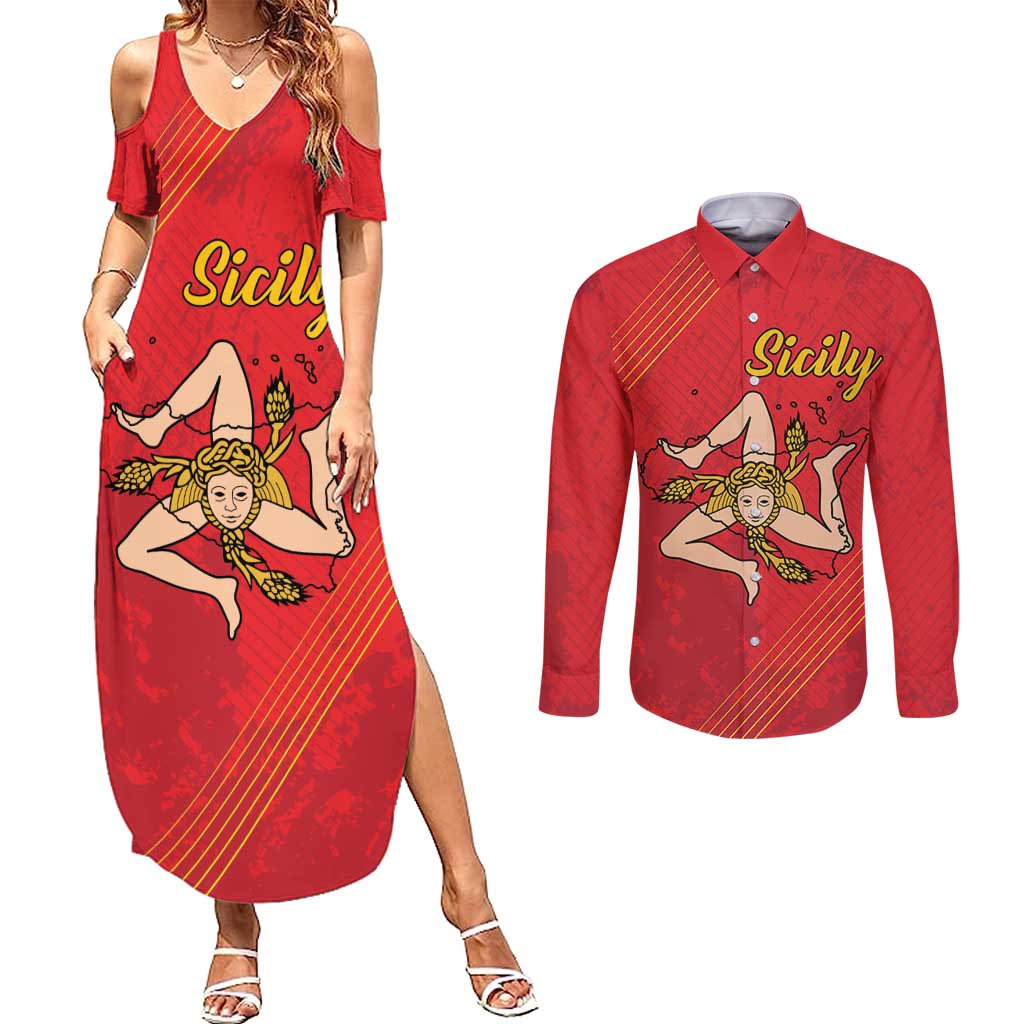 Personalized Bandiera della Sicilia Couples Matching Summer Maxi Dress and Long Sleeve Button Shirt Sporty Style