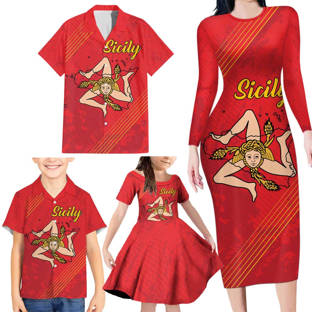 Personalized Bandiera della Sicilia Family Matching Long Sleeve Bodycon Dress and Hawaiian Shirt Sporty Style