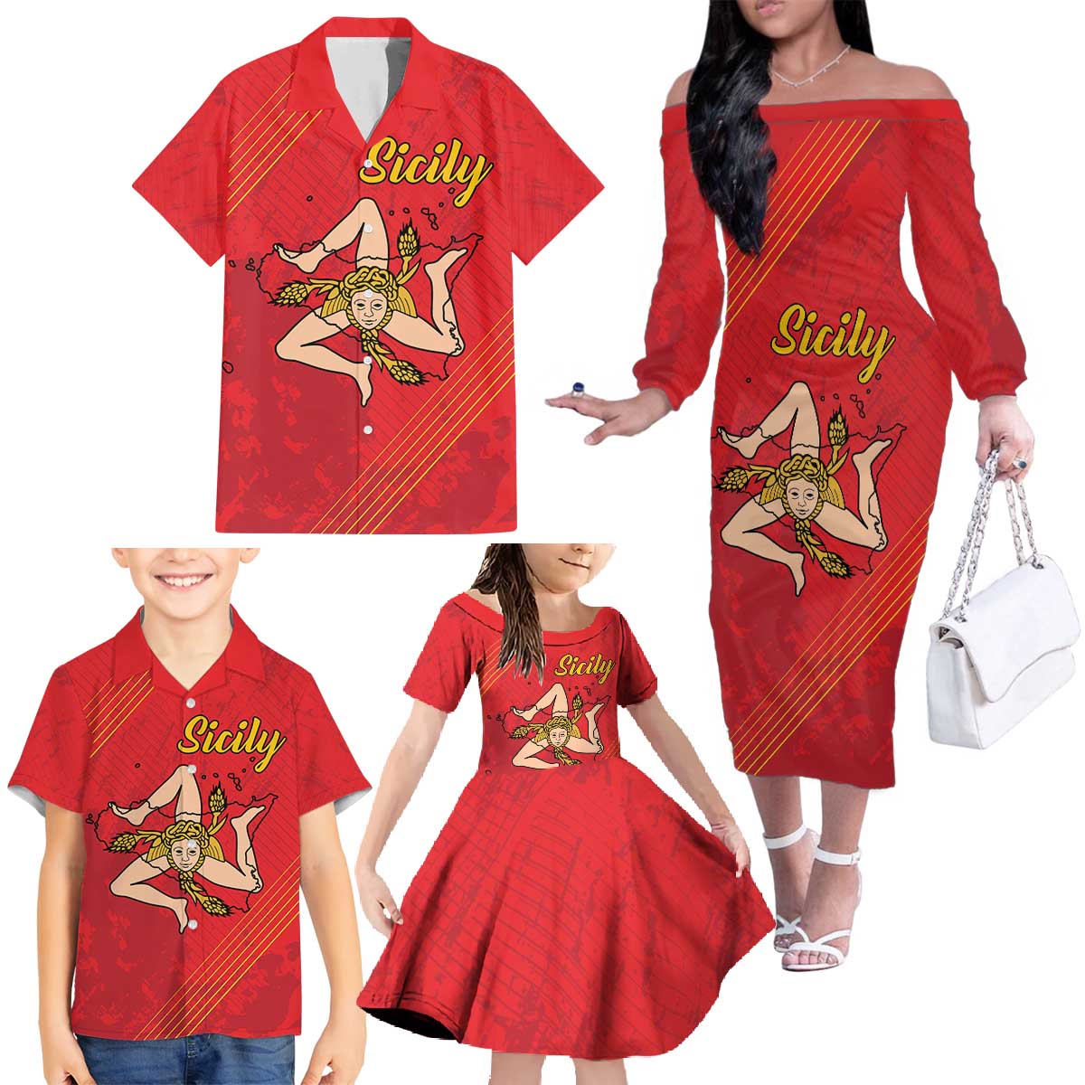 Personalized Bandiera della Sicilia Family Matching Off The Shoulder Long Sleeve Dress and Hawaiian Shirt Sporty Style