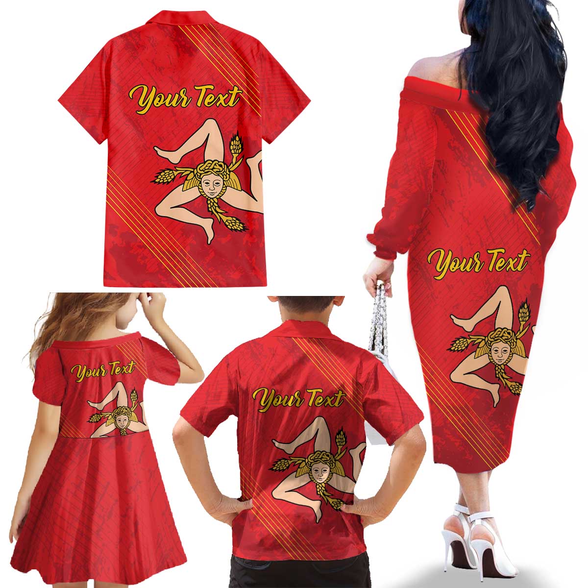 Personalized Bandiera della Sicilia Family Matching Off The Shoulder Long Sleeve Dress and Hawaiian Shirt Sporty Style