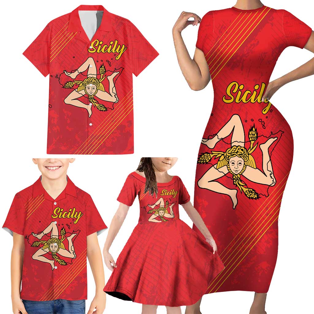 Personalized Bandiera della Sicilia Family Matching Short Sleeve Bodycon Dress and Hawaiian Shirt Sporty Style