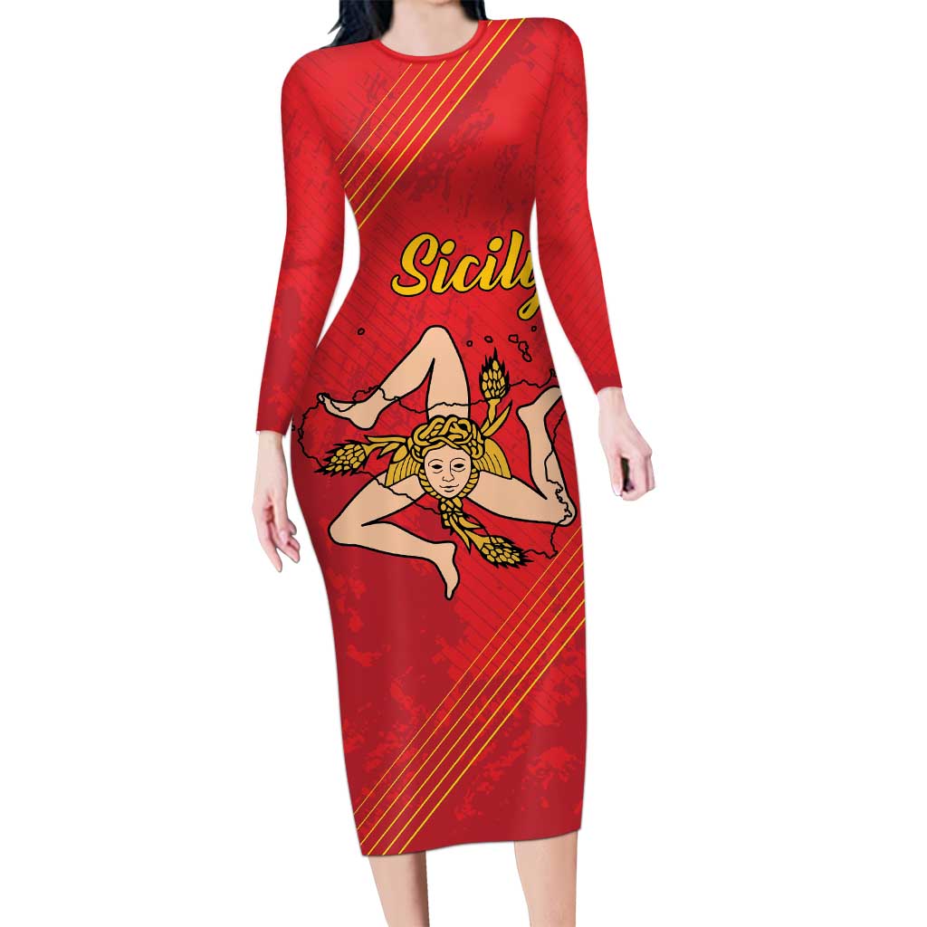 Personalized Bandiera della Sicilia Long Sleeve Bodycon Dress Sporty Style