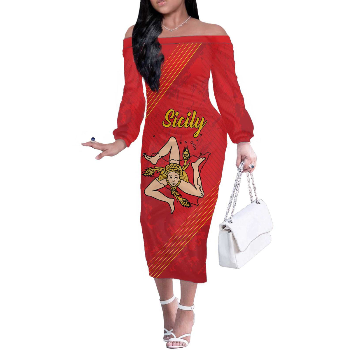Personalized Bandiera della Sicilia Off The Shoulder Long Sleeve Dress Sporty Style