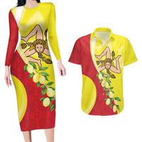 La Sicilia Couples Matching Long Sleeve Bodycon Dress and Hawaiian Shirt Bandiera della Sicilia Motif