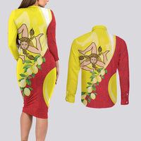 La Sicilia Couples Matching Long Sleeve Bodycon Dress and Long Sleeve Button Shirt Bandiera della Sicilia Motif