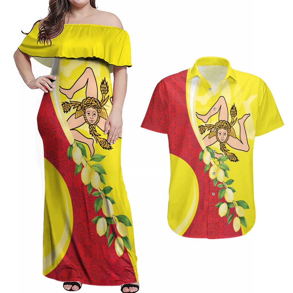 La Sicilia Couples Matching Off Shoulder Maxi Dress and Hawaiian Shirt Bandiera della Sicilia Motif